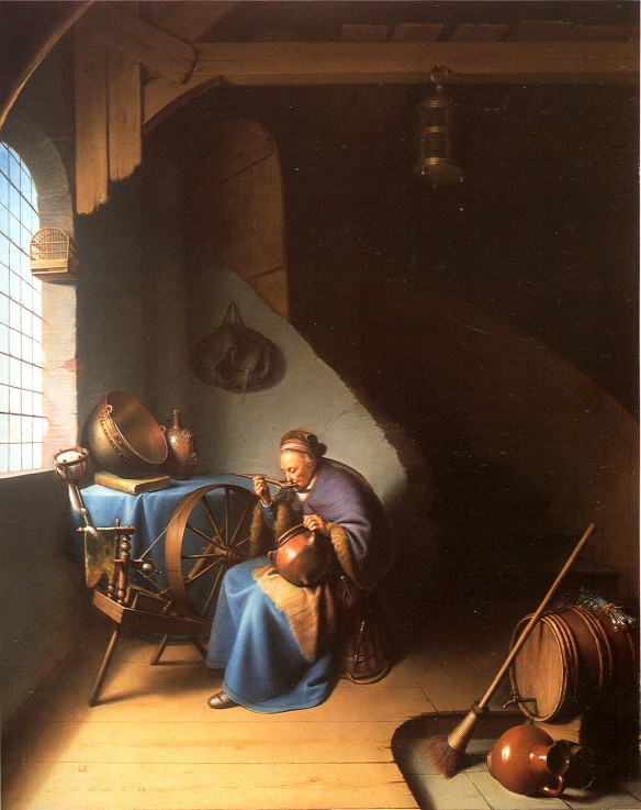 Interior with a Woman eating Porridge od Gerard Dou