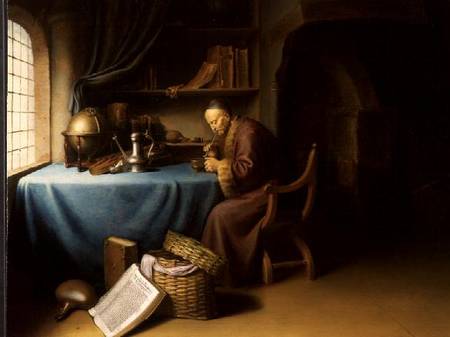 An Old Man Lighting his Pipe in a Study od Gerard Dou