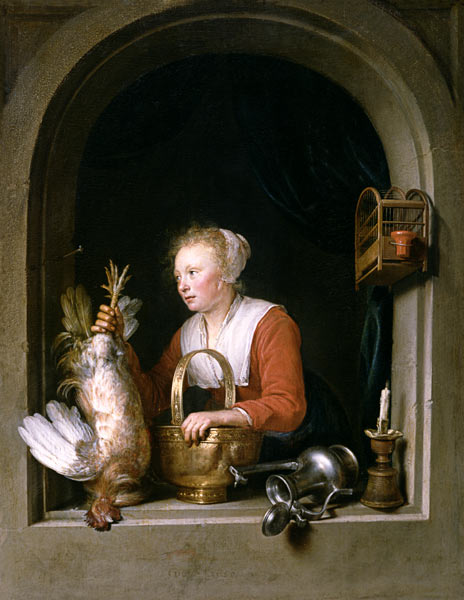 The Dutch Housewife or, The Woman Hanging a Cockerel in the Window od Gerard Dou