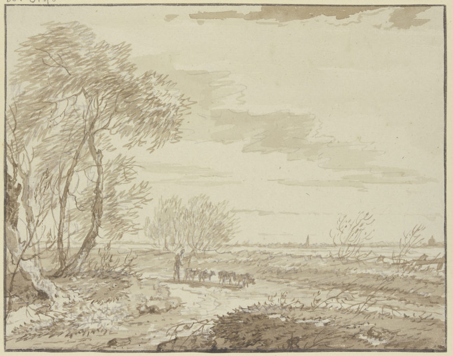 Landschaft mit Fernsicht, links Bäume, auf dem Weg eine Schafherde od Gerard van Nijmegen