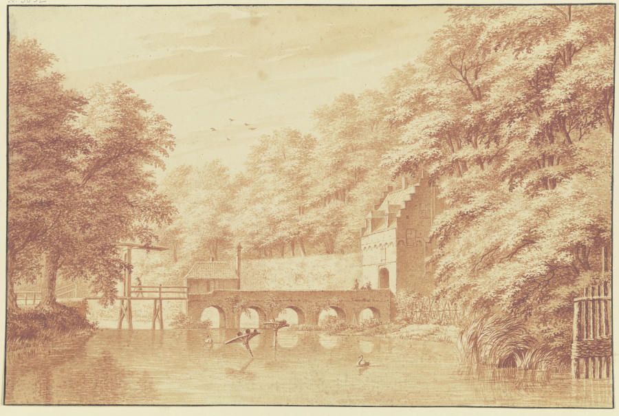 Über ein Wasser führt eine Steinbrücke von fünf Bögen nach einem Parktor, auf dem Wasser zwei Schwän od Gerard van Rossum