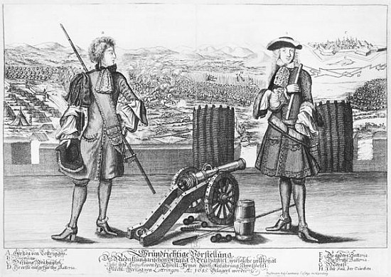 Charles V, Duke of Lorraine and Bar, with an engineer, at the battle of Neuhausel against the Turks  od German School