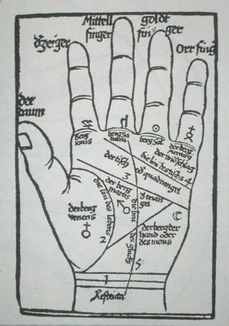 Chiromantic hand, illustration from 'Physiognomonia' by B. Cocles, published in Strasbourg od German School