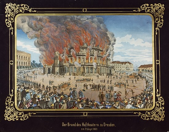 Fire at the Royal Theatre in Dresden on 21st September 1869 od German School
