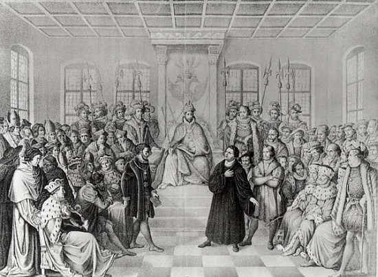 Martin Luther in front of Charles V (1500-58) at the Diet of Worms, 16th April 1521, from ''History  od German School