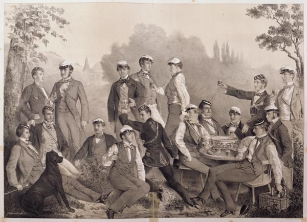 'Mensuren' or Student Members of the Duelling Society on a Outing (litho) od German School