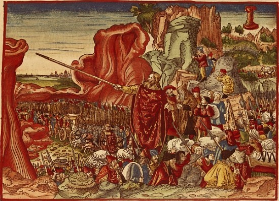 Moses parting the Red Sea, image from the Luther Bible (hand coloured print) od German School
