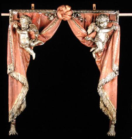 Pair of Putti supporting curtains od German School