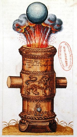 Raised cannon firing a cannonball, from ''The Art of Artillery'' od German School