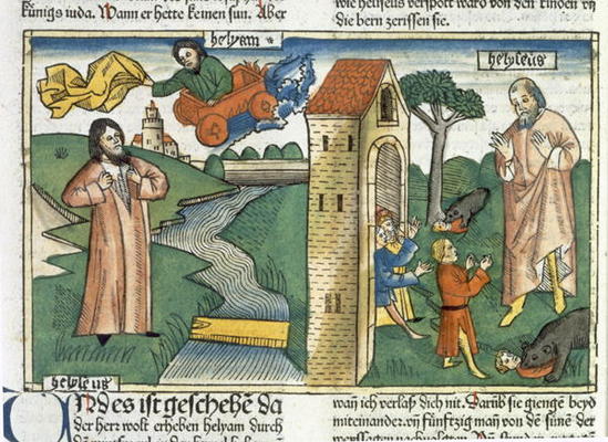 2 Kings 2 1-24 Elijah ascends to Heaven in a whirlwind and the boys who mocked Elisha are eaten by b od German School, (15th century)