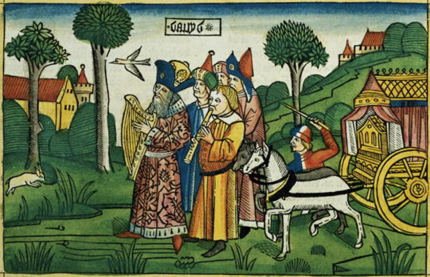 2 Samuel 6 1-5 David brings the Ark to Jerusalem (coloured woodcut) od German School, (15th century)