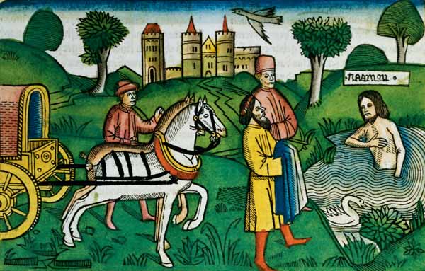 2 Kings 5 14 The cleansing of Naaman (coloured woodcut) od German School, (15th century)