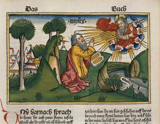 Exodus 34 1-10 Moses receives the second tablets with the Ten Commandments (coloured woodcut) od German School, (15th century)