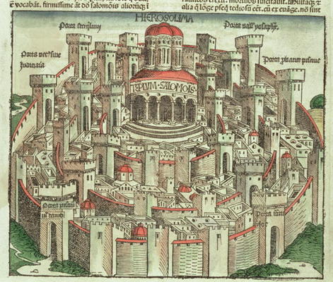 View of the walled city of Jerusalem showing the Temple of Solomon and the city gates, from the Nure od German School, (15th century)