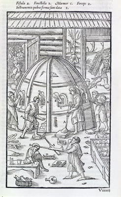 Glassworks, illustration showing the marble furnace and glass blowers (woodcut) od German School, (17th century)