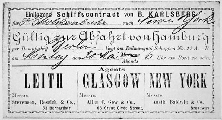 A German immigrant ship's contract & boarding card for New York, issued in Hamburg, 1881 (litho) od German School, (19th century)