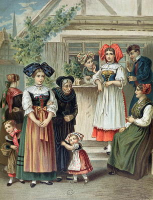 Traditional costumes of the Strasbourg region, c. 1870-80 (colour litho) od German School, (19th century)