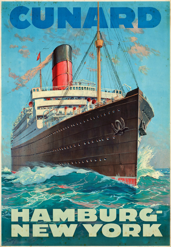 Poster advertising travel between Hamburg and New York with the shipping company Cunard od German School, (20th century)