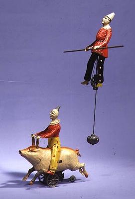 Clown on mechanical pig and tightrope walker, c.1900 od German School, (20th century)