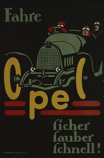 German advertisement for Opel car manufacturer, printed by Hollerbaum und Schmidt, Berlin od German School, (20th century)