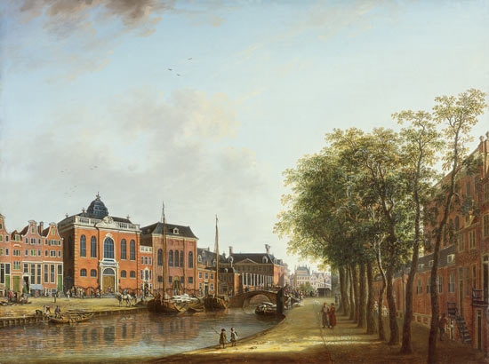 View of the Kloveniersburgwal in Amsterdam, with the Waag, and barge moored in the front of Trippenh od Gerrit Adriaensz Berckheyde