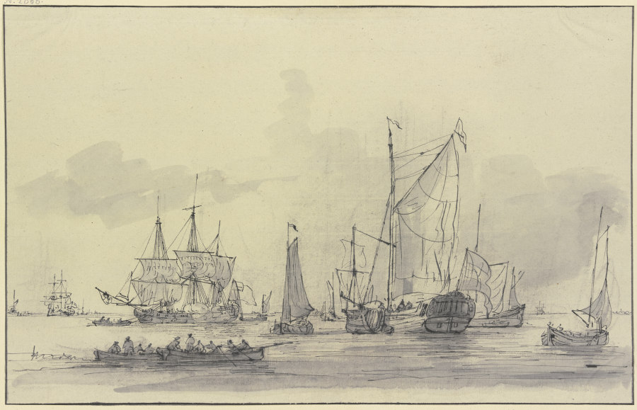 Viele Schiffe bei ruhiger See, links vorn zwei Ruderboote od Gerrit Groenewegen