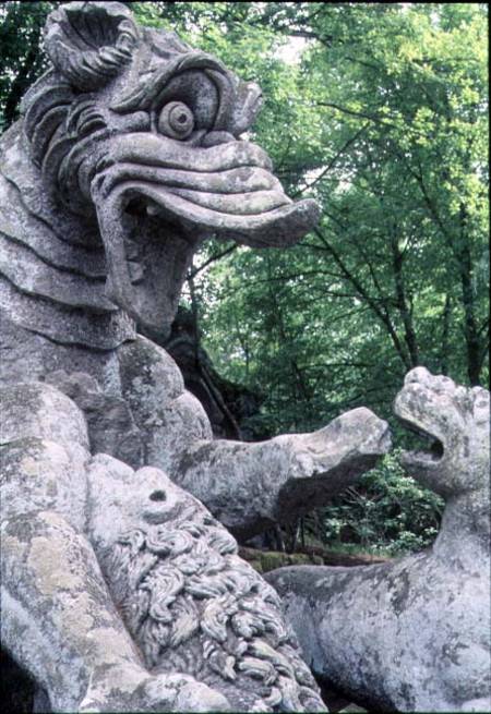 Monsters fighting, stone sculpture in the Parco dei Mostri (Monster Park), gardens laid out between od Giacomo Barozzi  da Vignola
