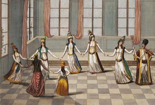 Dance that is fashionable with the Greek women of Constantinople, led by the woman holding a handker