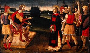 The St. Laurentius with the arms in front of the Roman emperor Valerian od Giacomo Pacchiarotti