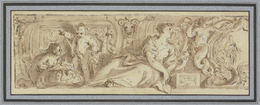 Friesartiges Ornament mit einer liegenden weiblichen Figur, zu ihren Füssen zwei Amoretten bei große od Giambattista Zelotti