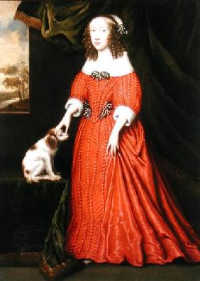 Portrait of a Young Lady in a Red Dress with a pet Spaniel