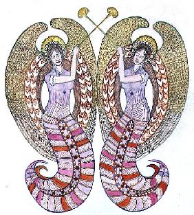 Two angels with trumpets, 1995 (w/c) 