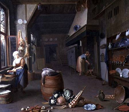 Kitchen interior with two maids preparing food od Gillis de Winter
