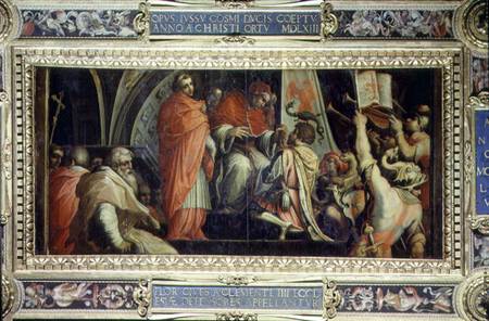Clement IV (1265-68) delivering arms to the leaders of the Guelph party from the ceiling of the Salo od Giorgio Vasari
