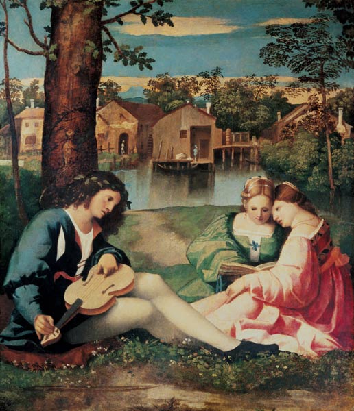 Youth with a guitar and two girls sitting on a river bank od Giorgione (eigentl. Giorgio Barbarelli oder da Castelfranco)