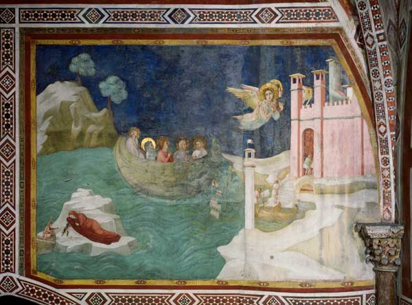 Die Landung der Heiligen Maximin, Lazarus, Cedonius und Maria Magdalena in Marseille od Giotto (Schule)