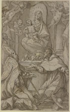 Thronende Madonna mit dem Heiligen Nikolaus und einem heiligen Kardinal