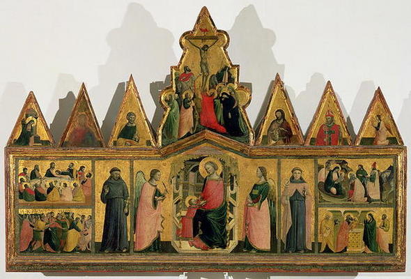 Polyptych: central panel depicting the Madonna and Child Enthroned with Angels and Saints surrounded od Giovanni Baronzio da Rimini