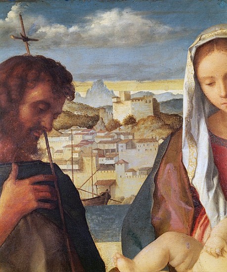 Madonna and Child with St.John the Baptist and a Saint, detail of the background waterside city, c.1 od Giovanni Bellini