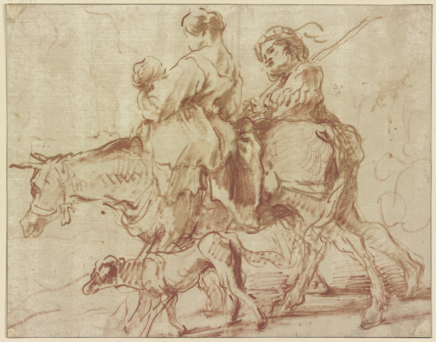 Frau mit Kind auf einem Esel reitend, ein junger Mann zu Fuß nebenher gehend od Giovanni Benedetto Castiglione