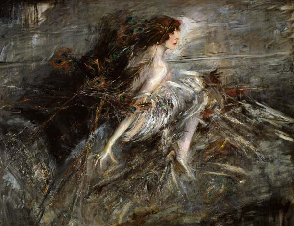 Portrait of the Marquise with peacock pens od Giovanni Boldini