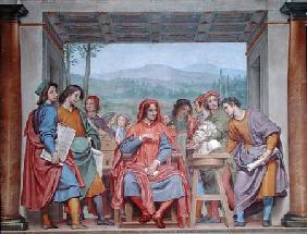 Lorenzo de' Medici (1449-92) surrounded by artists, admiring Michelangelo's 'Faun'