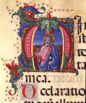 Ms 542 f.31r Historiated initial 'H' depicting a male saint from a psalter written by Don Appiano fr od Giovanni di Guiliano Boccardi