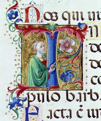 Ms 542 f.44v Historiated initial 'I' depicting a male saint from a psalter written by Don Appiano fr od Giovanni di Guiliano Boccardi