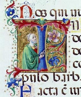 Ms 542 f.44v Historiated initial 'I' depicting a male saint from a psalter written by Don Appiano fr