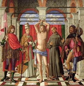 Saint Sebastian with Saints Liberale, Gregory, Francis and Roch (oil on panel)