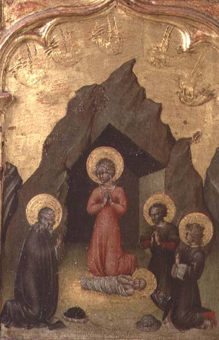 Adoration of the Child by the Virgin, St. Joseph and two saints od Giovanni  di Paolo di Grazia