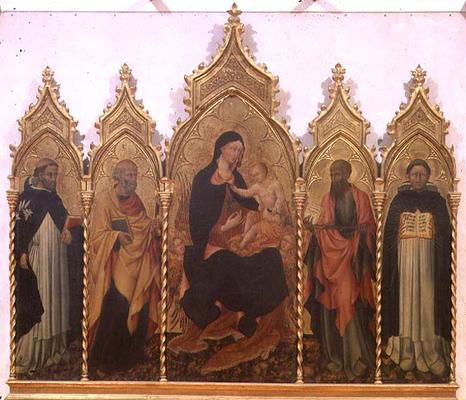 Madonna and Child with SS. Dominic, Peter, Paul and Thomas Aquinas, altarpiece, 1445 (tempera on pan od Giovanni  di Paolo di Grazia