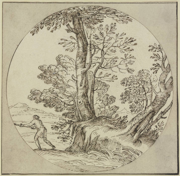 Baumpartie am Wasser, ein Mann nach links od Giovanni Francesco Grimaldi