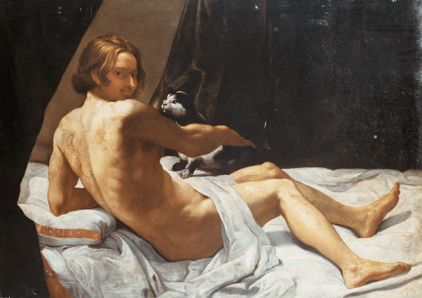 Young Man Lying on a Bed with a Cat od Giovanni Lanfranco